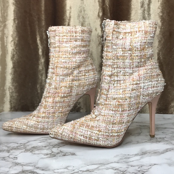 Pink tan tweed heel ankle booties silver zipper size 10 - Picture 2 of 7